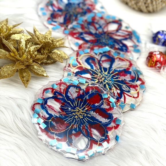 Red white blue flower coasters Resin Geode coasters Modern coasters - Picture 4 of 5